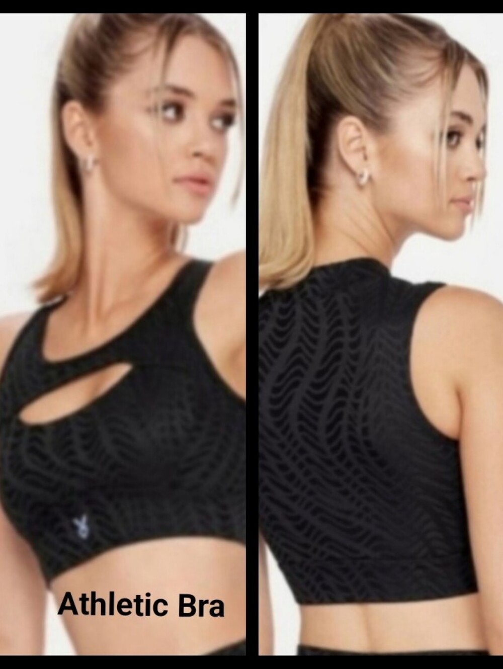 Black Cutout Athletic Sports Bra Wave Design Bunny Logo Small